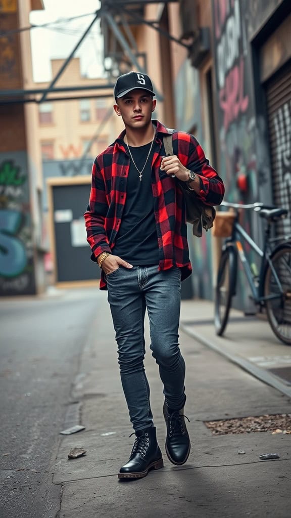 A man wearing an oversized plaid shirt, skinny jeans, and combat boots, posing in an urban alley.