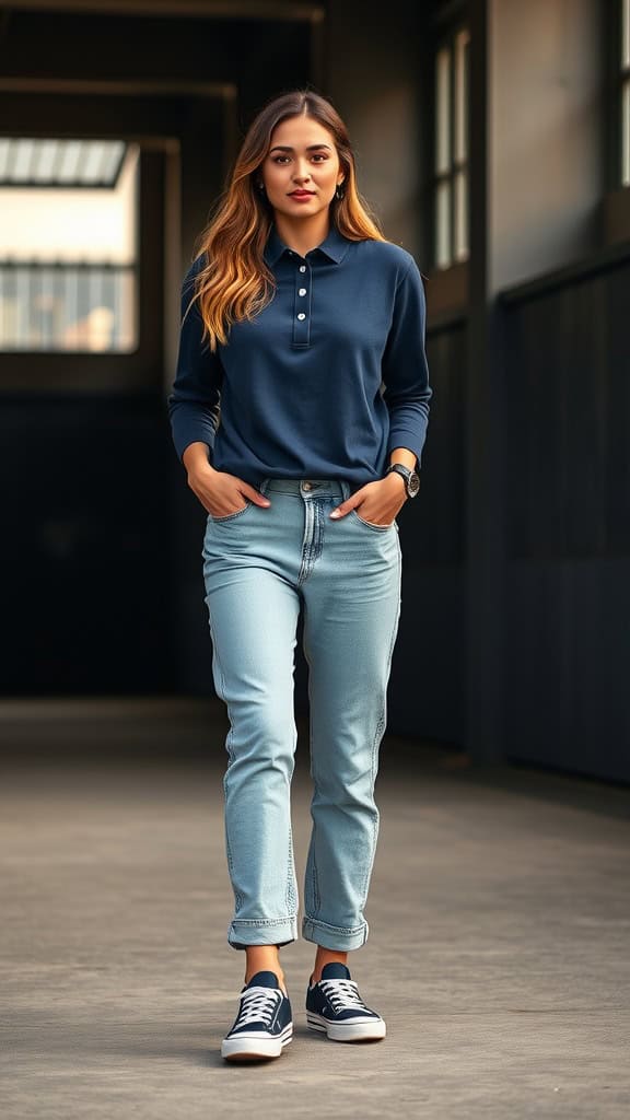 A woman wearing a navy Henley shirt and light blue relaxed jeans, standing indoors with a confident expression.