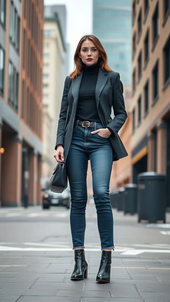 A woman in high-waisted jeans and a tailored blazer, walking on a city street.