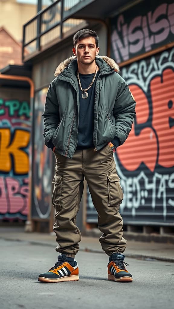 A young man wearing an oversized bomber jacket, baggy cargo pants, and classic sneakers, standing in front of a graffiti wall.