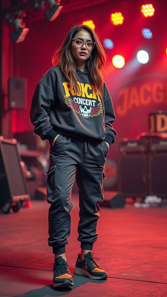 A person wearing a graphic hoodie, joggers, and sneakers at a concert, with colorful stage lights in the background.