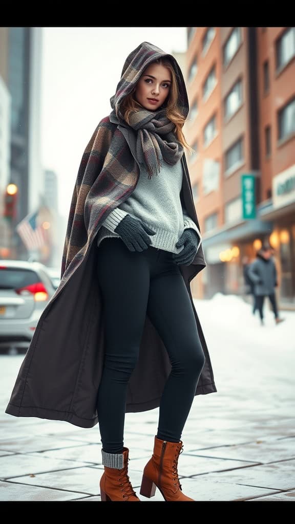 A woman wearing a hooded cape, insulated gloves, and brown lace-up boots, standing in a wintery urban setting.