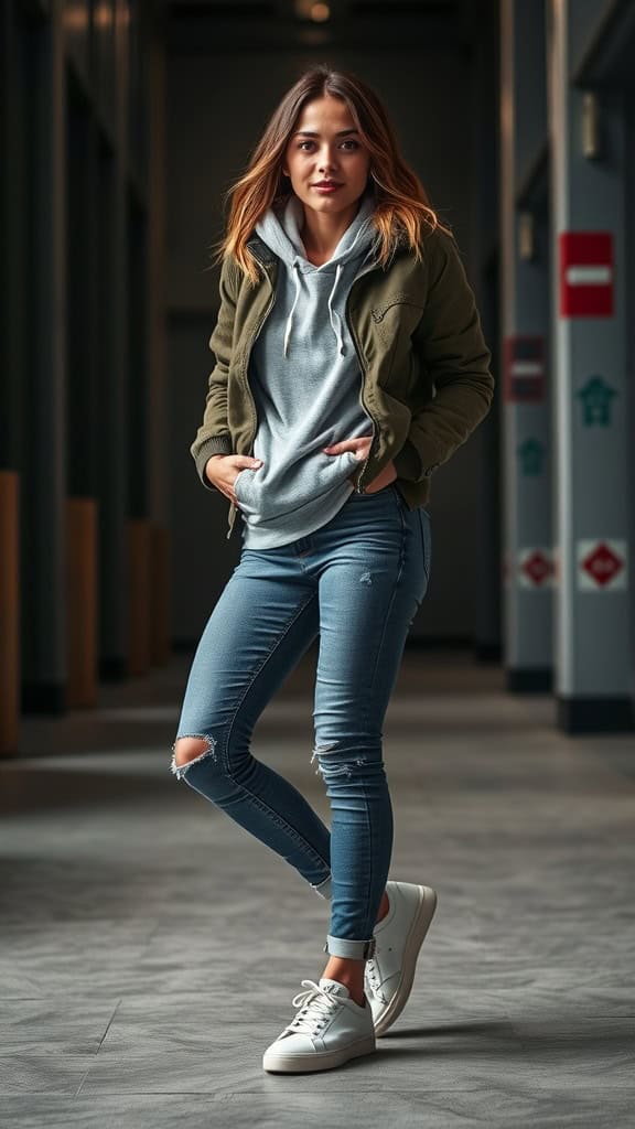 A woman wearing a grey hoodie with an olive bomber jacket, ripped jeans, and white sneakers in a casual setting.