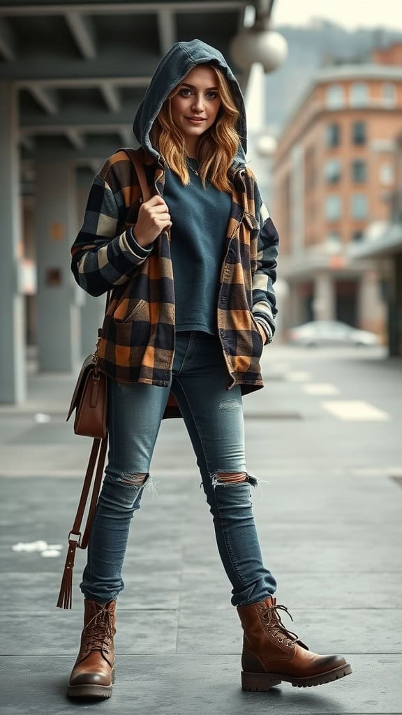 A woman in a layered outfit with a grey hoodie and a flannel shirt, wearing distressed jeans and brown boots.