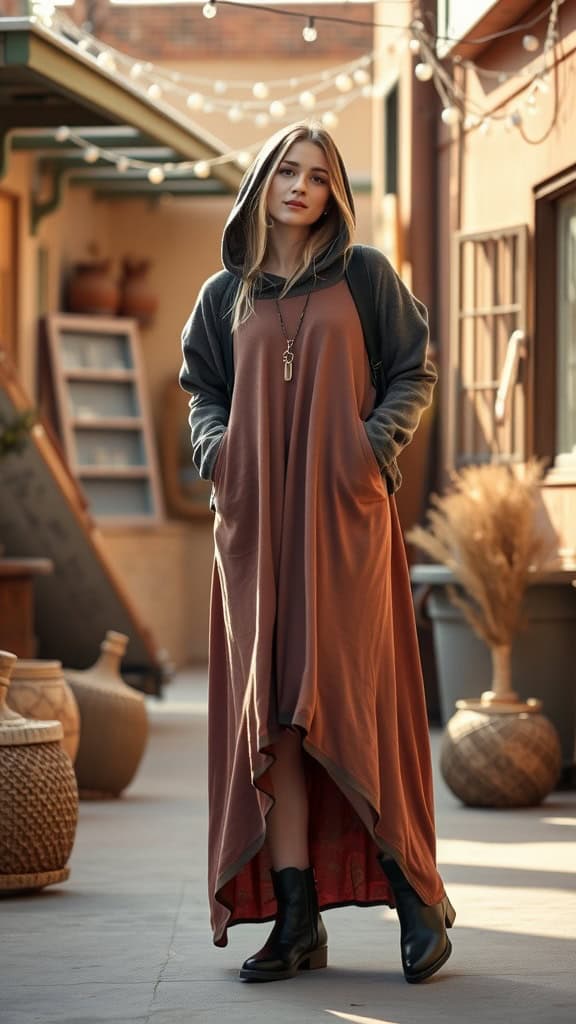 A woman in a brown maxi dress and grey hoodie with chunky black boots, showcasing a boho style in a cozy outdoor setting.