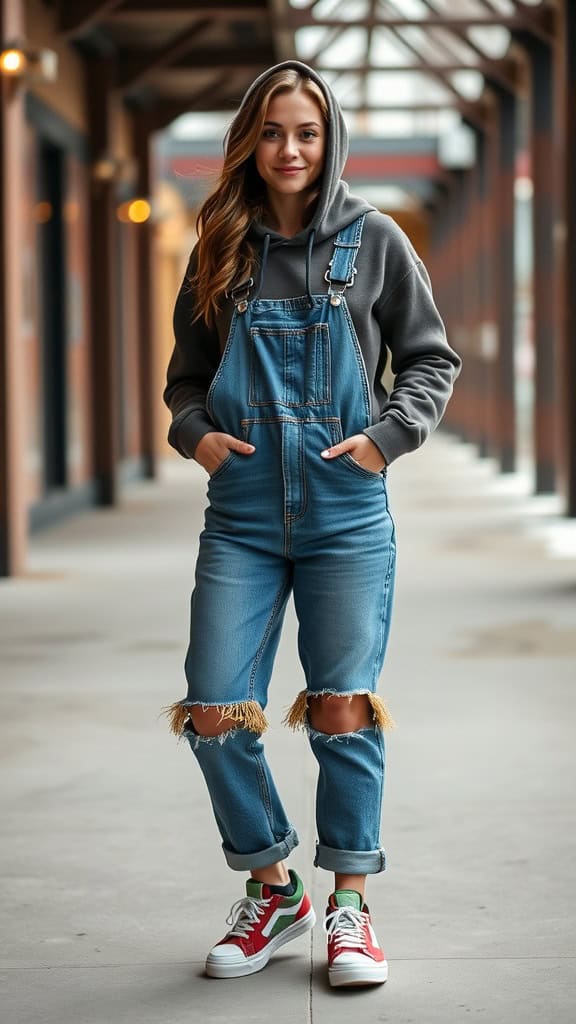 A woman wearing a dark grey hoodie and denim overalls, standing on a sidewalk with colorful sneakers.