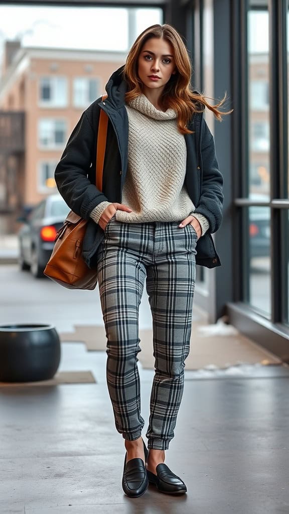 A woman in a light hoodie and plaid pants, wearing loafers, posing in a stylish indoor setting.