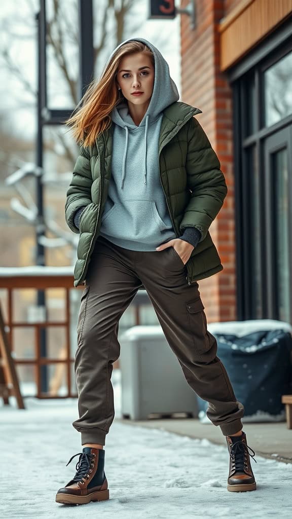 A woman wearing a light grey hoodie under an olive green puffer jacket, paired with cargo pants and lace-up boots, standing in a snowy outdoor setting.