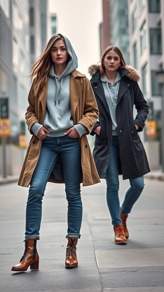 Two women in urban setting wearing hoodies and trench coats, styled with straight-leg jeans and ankle boots.