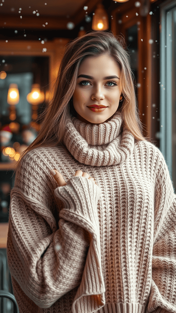 A stylish cashmere sweater with a skinny scarf displayed on a mannequin in a winter setting.