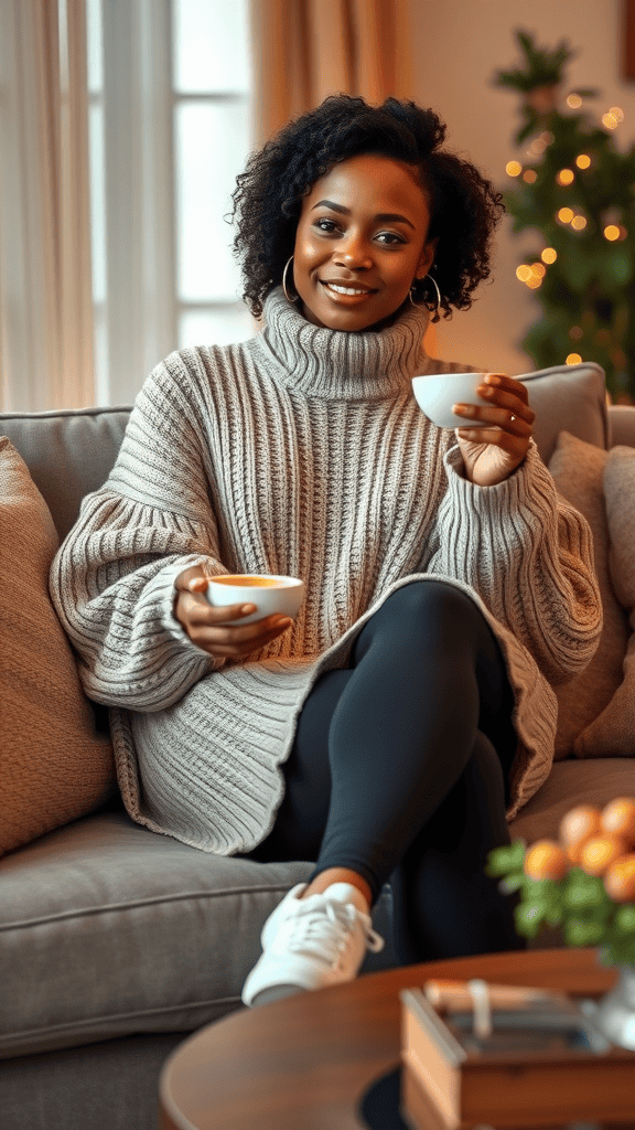 A black woman in a cozy oversized knit sweater and leggings, sitting on a couch with a cup of coffee.