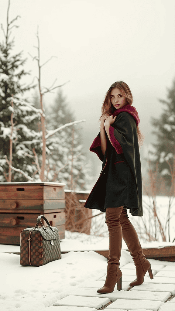 A stylish hooded cape coat worn over a chunky knit sweater, complemented by knee-high boots, set against a snowy backdrop.