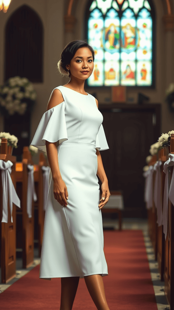 A woman wearing a knee-length church dress with sleeves, standing in a church setting.