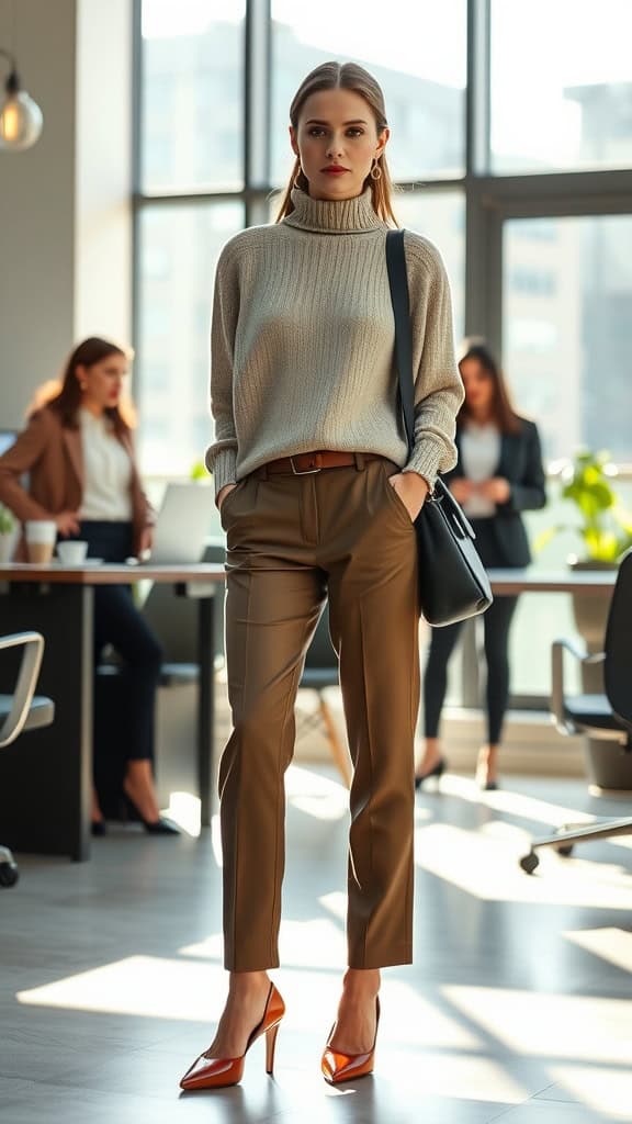 A woman wearing a lightweight knit sweater and tailored dress pants in an office setting