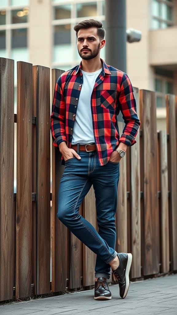 A man in a checked flannel shirt, white tee, and slim-fit jeans standing against a wooden fence.