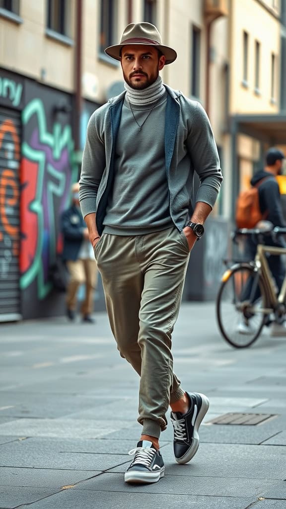 A man in a cashmere sweater, drawstring pants, and leather sneakers walking through a city street.