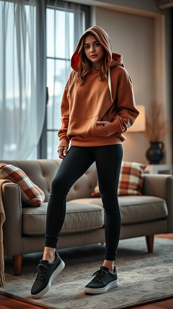 A woman in an oversized hoodie and leggings, standing casually in a modern living space.