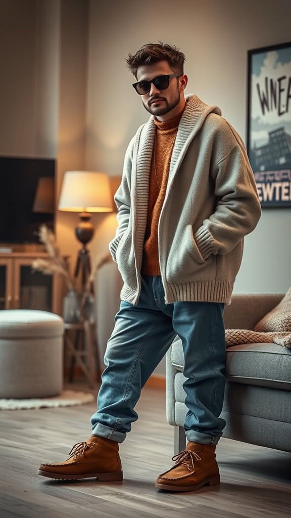 A stylish man wearing an oversized cardigan, relaxed-fit jeans, and suede moccasins, standing in a cozy living room.