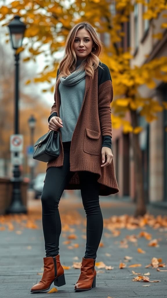 A woman in a long brown cardigan, grey sweater, black leggings, and brown booties standing outdoors with fall leaves.