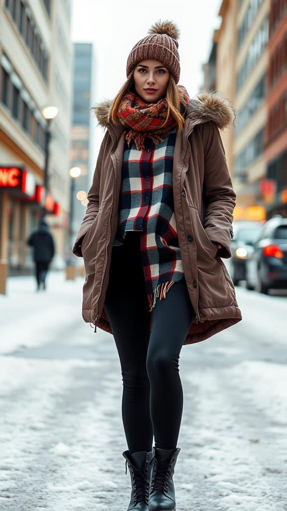 A woman in a layered flannel shirt and puffer coat, standing in a snowy city street, showcasing a cozy winter outfit.