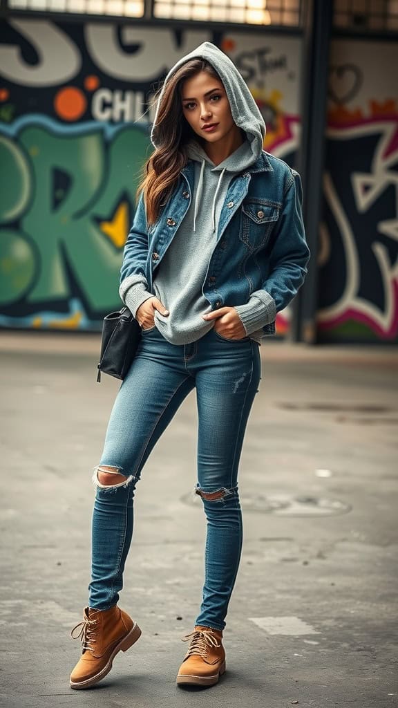 A woman wearing a light grey hoodie under a denim jacket with ripped jeans and tan boots, posing in a colorful urban setting.