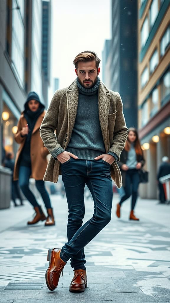 A man in a layered winter outfit featuring a chunky cardigan, turtleneck, slim jeans, and leather moccasins, standing on a city street.