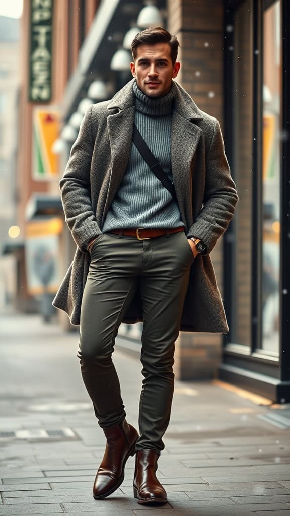 Man wearing a light grey wool coat, grey turtleneck, slim olive chinos, and brown Chelsea boots, standing confidently on a city street.