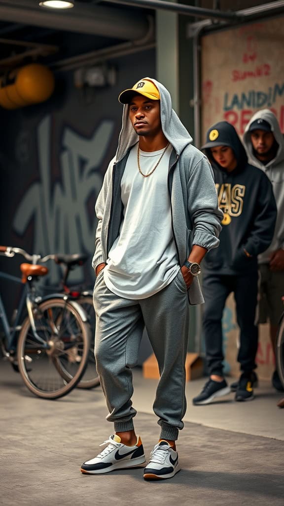 A stylish man wearing a longline tee, oversized hoodie, and tapered joggers, showcasing a layered oversized street style.