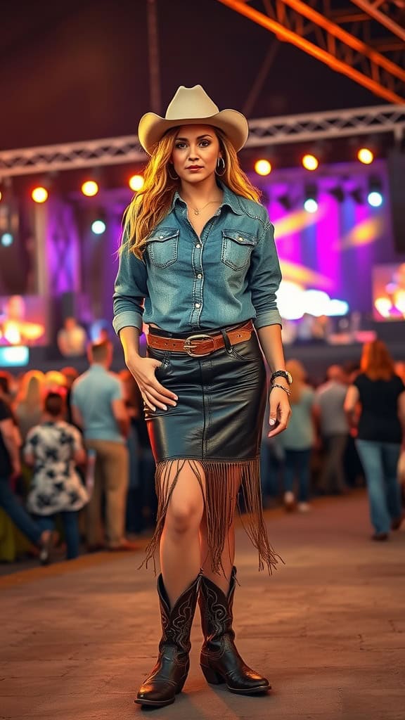 A woman wearing a leather skirt, denim shirt, cowboy boots, and a hat at a concert.