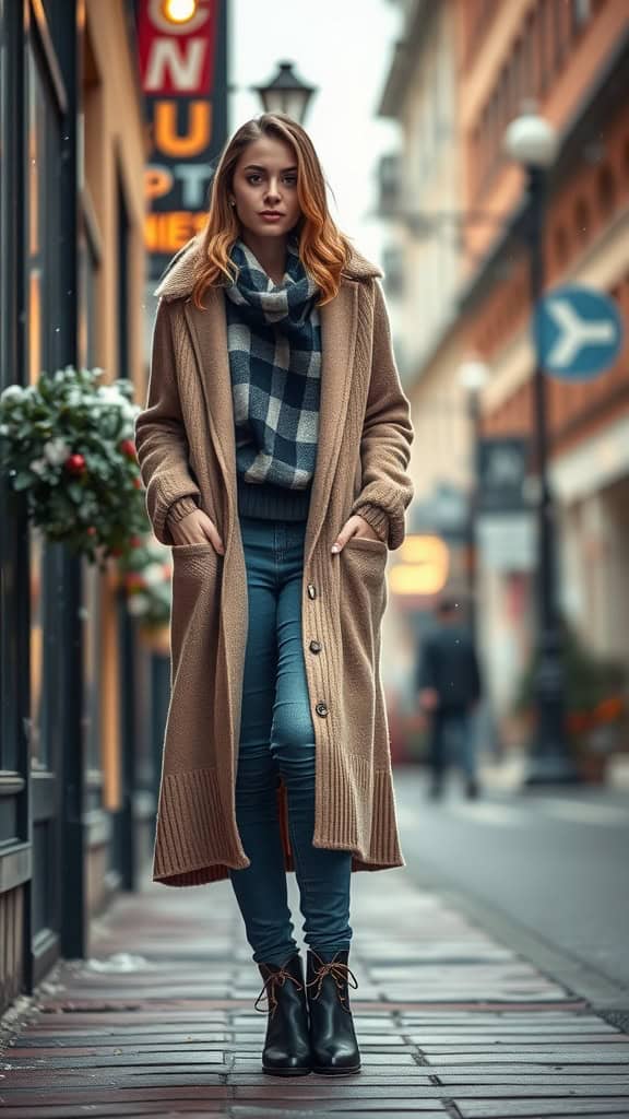 A young woman wearing a long beige cardigan with a blue and black checkered scarf, fitted jeans, and ankle boots, standing in a city street.