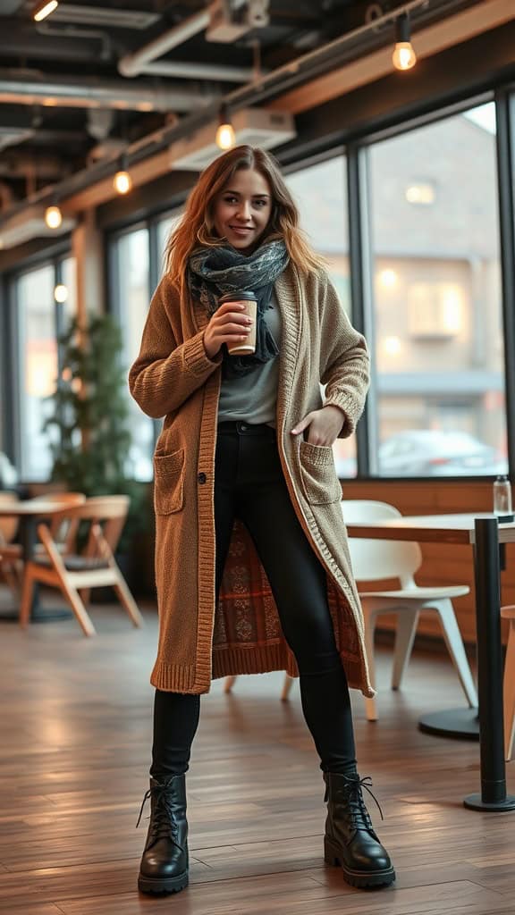 A woman stands in a cozy café wearing a long brown cardigan over a gray shirt, skinny black jeans, and black boots, holding a coffee cup.