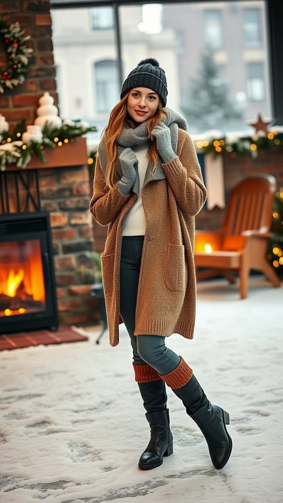 A woman wearing a longline cardigan with leg warmers, cozying up by a fireplace.