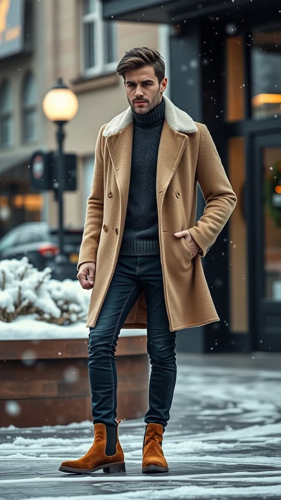 A man wearing a camel cashmere coat over a grey mock neck sweater, slim jeans, and brown suede Chelsea boots, standing in a snowy urban setting.