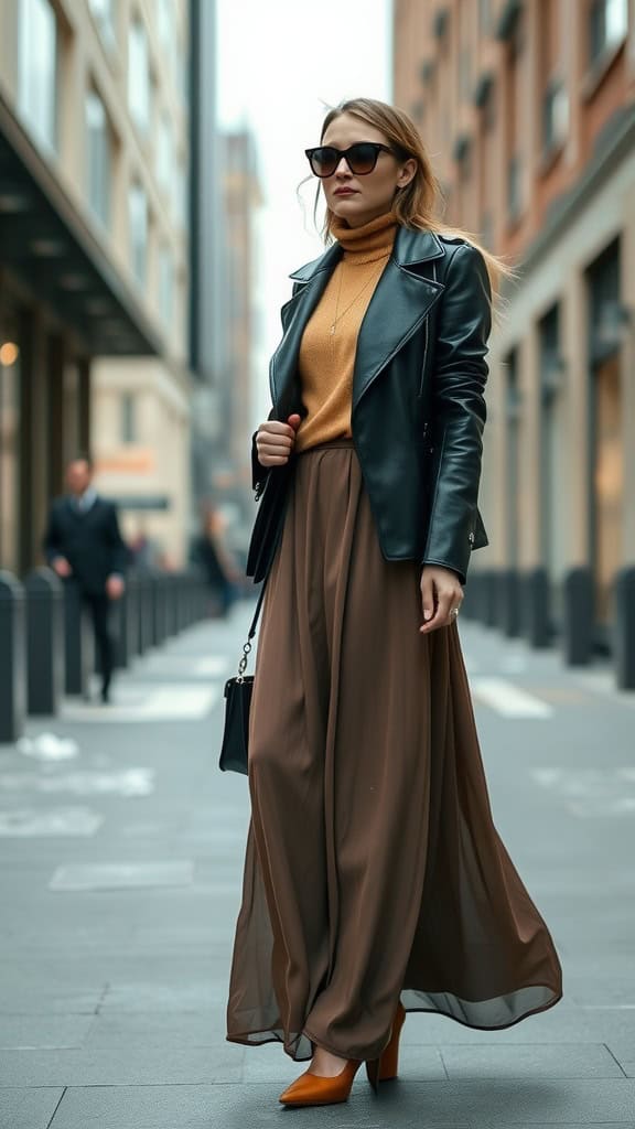 A woman wearing a flowing brown maxi dress with a black leather jacket, standing on a city street.