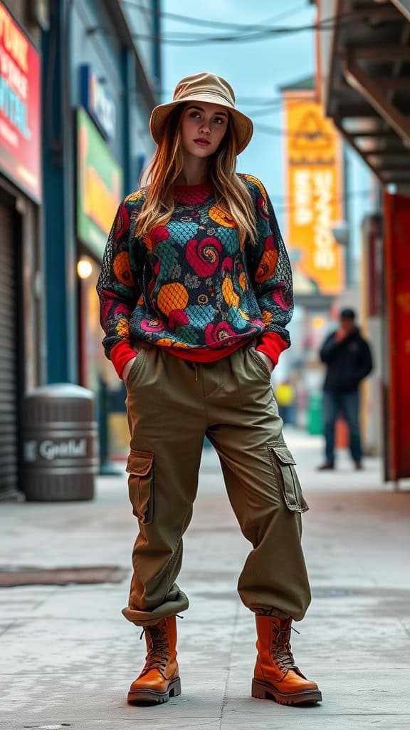 A young woman wearing a printed mesh top, cargo pants, and a bucket hat, showcasing a stylish Y2K outfit.