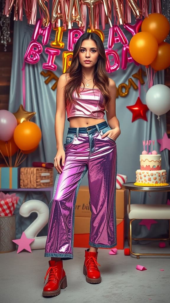 A model wearing a metallic crop top and shiny pants, celebrating a birthday with balloons and a cake in the background.