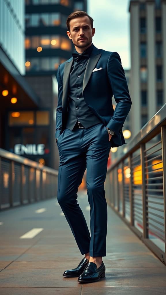 A man in a midnight blue formal suit with a black bowtie and patent leather shoes, striking a confident pose.