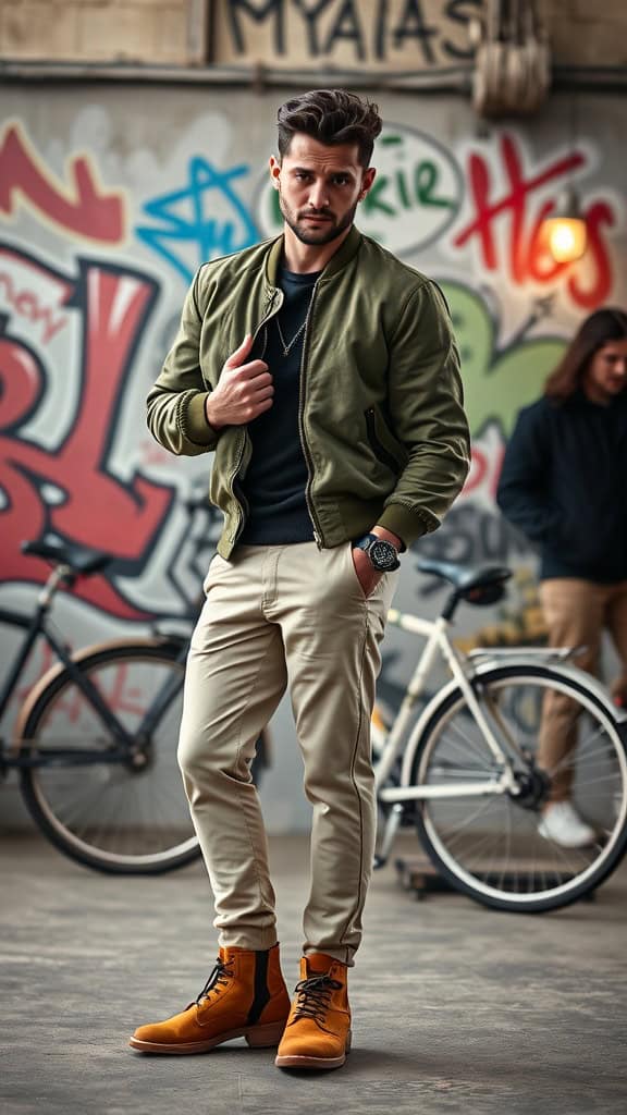 A man wearing an olive bomber jacket, beige chinos, and tan boots, posing in front of a graffiti wall.