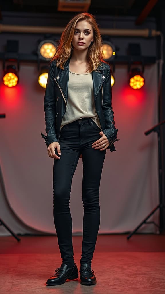 A woman in a minimalist outfit consisting of a neutral top, black jeans, and loafers, standing confidently in front of concert stage lights.