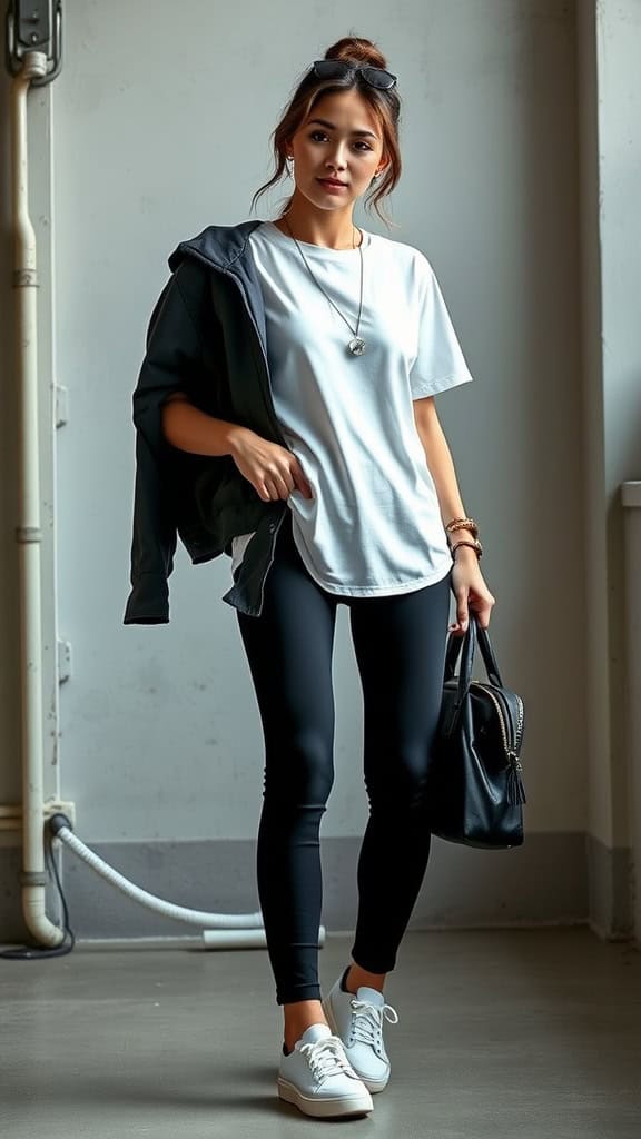 Minimalist outfit featuring a white tee, black leggings, and slip-on sneakers.