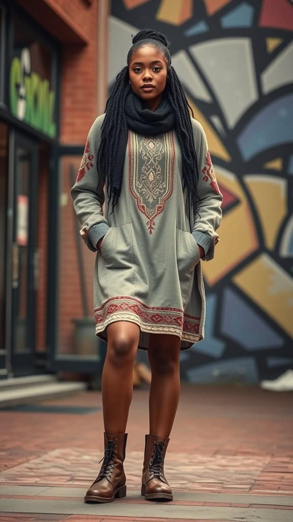 A modern black woman wearing a tunic dress with intricate embroidery, complemented by a black scarf and brown ankle boots