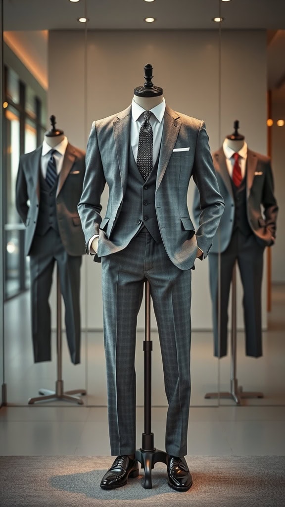 A modern grey slim-fit suit displayed on a mannequin with a white shirt and textured tie, surrounded by other suits.