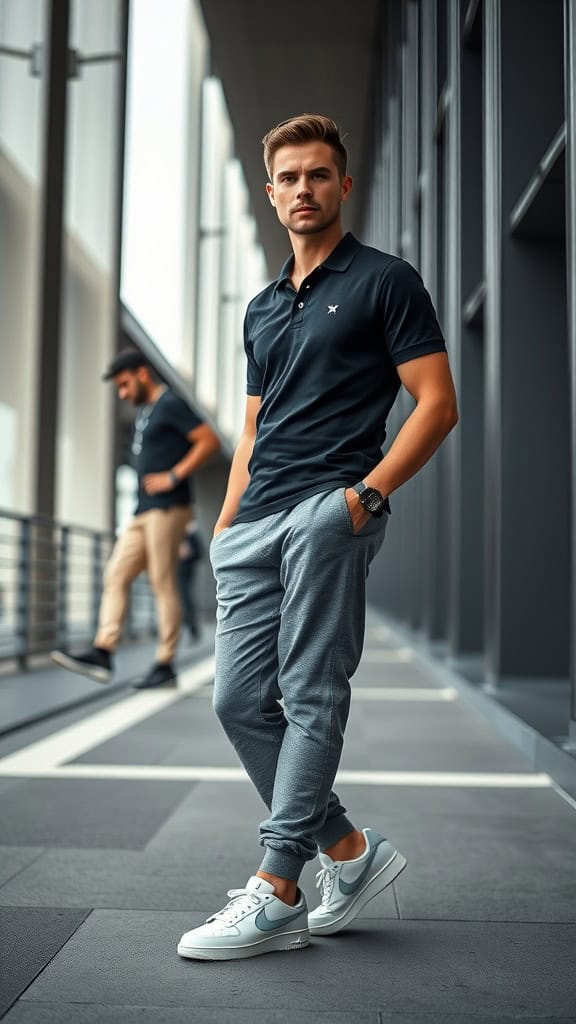 A man wearing a black polo, grey joggers, and white sneakers, posing confidently in a modern setting.