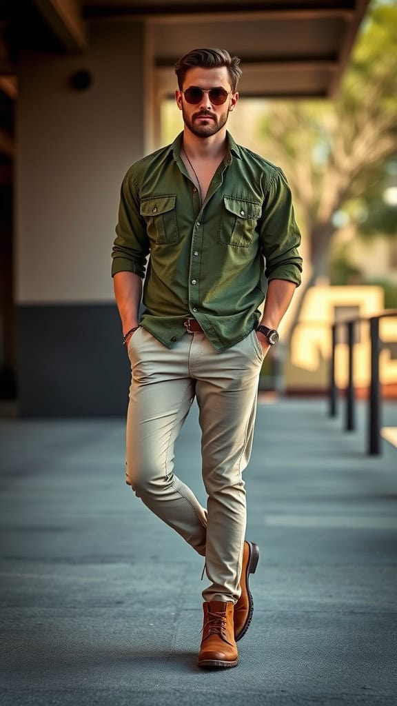 A man wearing an olive green utility shirt, beige chinos, and desert boots, showcasing modern safari style.