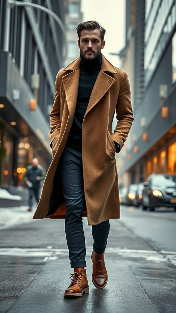 A stylish man wearing a longline coat, black turtleneck, cropped pants, and leather sneakers walking in an urban setting.