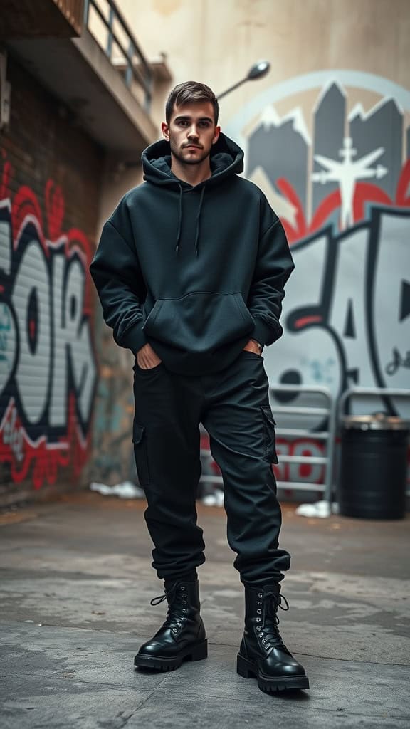 A man wearing an all-black oversized hoodie, baggy pants, and chunky combat boots, standing in an alley with graffiti.