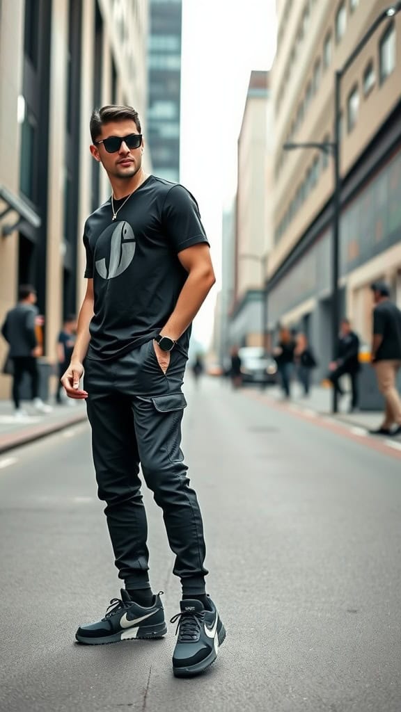 A stylish man wearing a black graphic tee, black joggers, and statement sneakers in a city street setting.