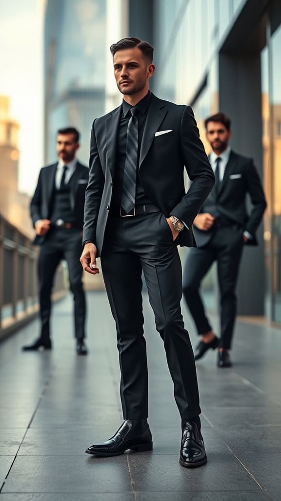 A group of men in monochrome black suits, showcasing a stylish black suit look with polished Chelsea boots.