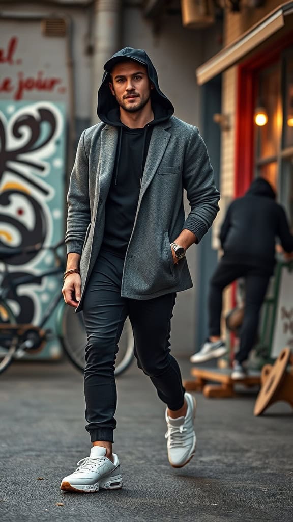 A man walking in a gray coat, black hoodie, and slim joggers with white sneakers in a street setting.