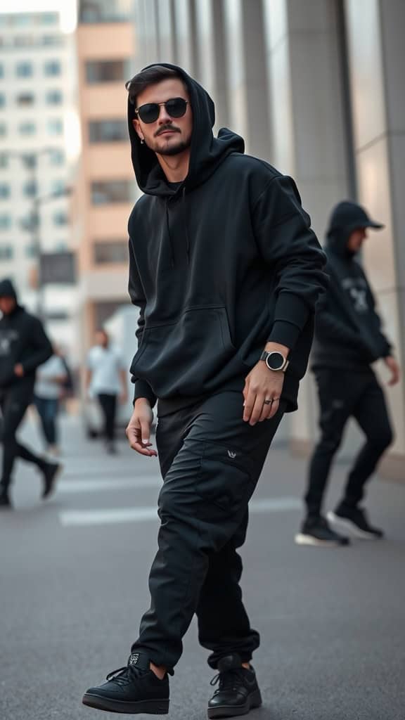 A man wearing an oversized black hoodie and joggers with chunky sneakers, showcasing a stylish streetwear look.